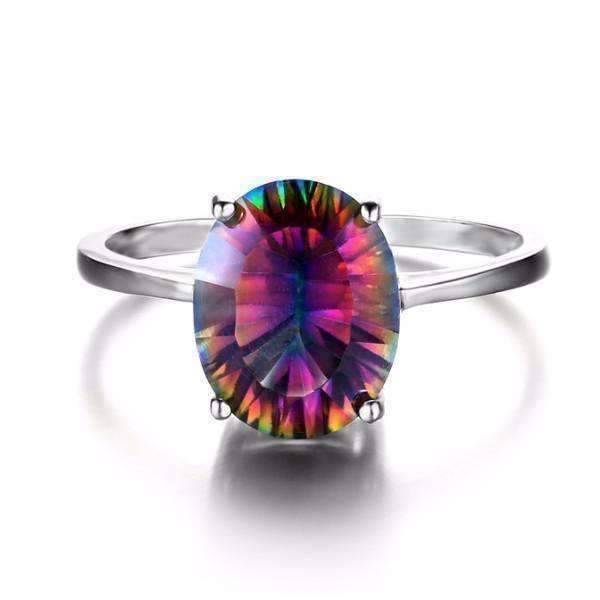 Feshionn IOBI Rings 5 / Oval Rainbow Ring Genuine Rainbow Fire Mystic Topaz Oval Cut 3.4CT IOBI Precious Gems Ring