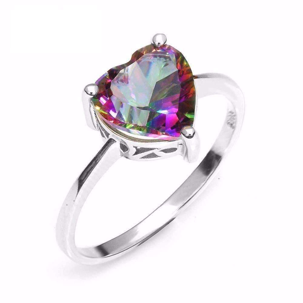 Feshionn IOBI Rings 5 / Rainbow Rainbow Fire Genuine Mystic Topaz Heart Cut 2.6CT IOBI Precious Gems Solitaire Ring