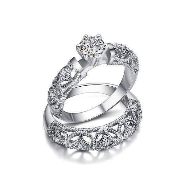 Feshionn IOBI Rings 5 / White Gold ON SALE - Art Deco Inspired Milgrain Filigree CZ Solitaire Engagement Ring and Band Set - Ring