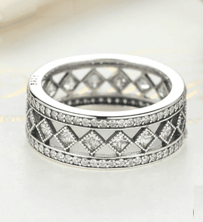 Feshionn IOBI Rings 6 Diamond Harlequin Pattern CZ Sterling Silver Eternity Band Ring