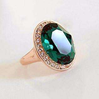 Feshionn IOBI Rings 6 "High Society" Classic Oval Emerald and Diamond Austrian Crystal Halo Cocktail Ring