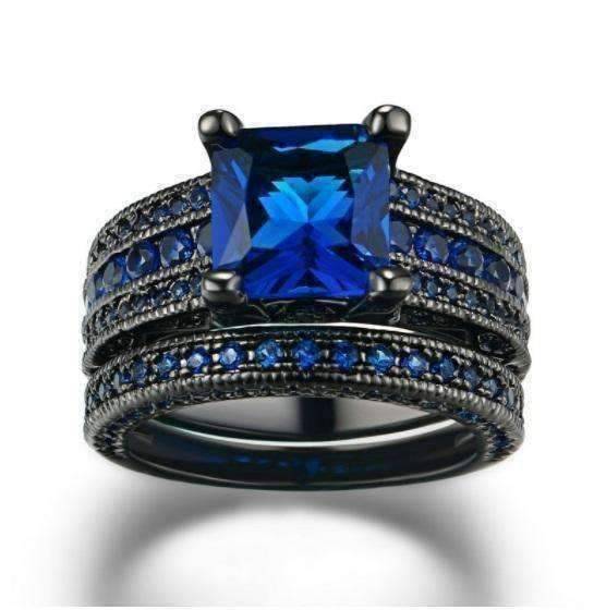 Feshionn IOBI Rings 6 Moonlight Serenade Blue CZ and Black Gold Solitaire Engagement Ring Set