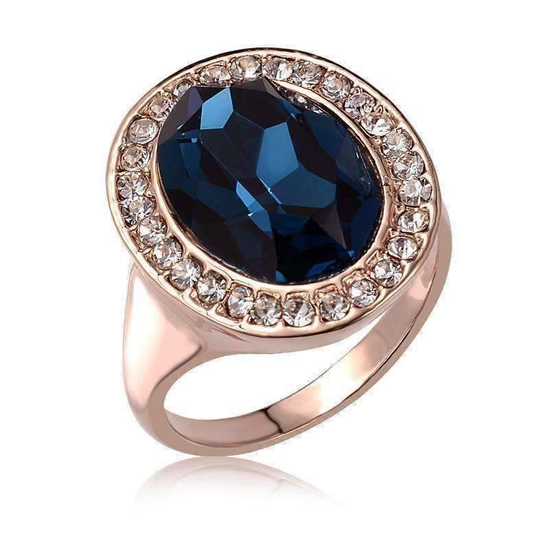 Feshionn IOBI Rings 6 "Rhapsody in Blue" Classic Oval Sapphire Blue and Diamond Austrian Crystal Halo Cocktail Ring