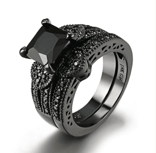 Feshionn IOBI Rings 6 Twilight Hearts Black Gold CZ Solitaire Engagement Ring Set