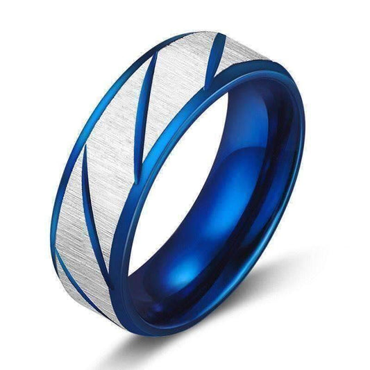Feshionn IOBI Rings 7 Blue Titanium Etched Men's Wedding Band Ring