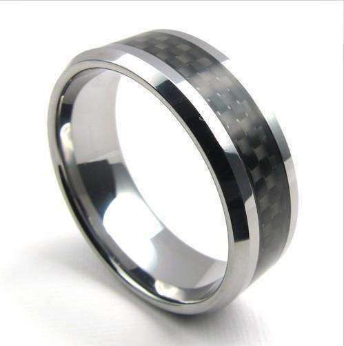 Feshionn IOBI Rings 7 Men's Geometric Carbon Fiber Inlay Polished Tungsten Carbide Ring