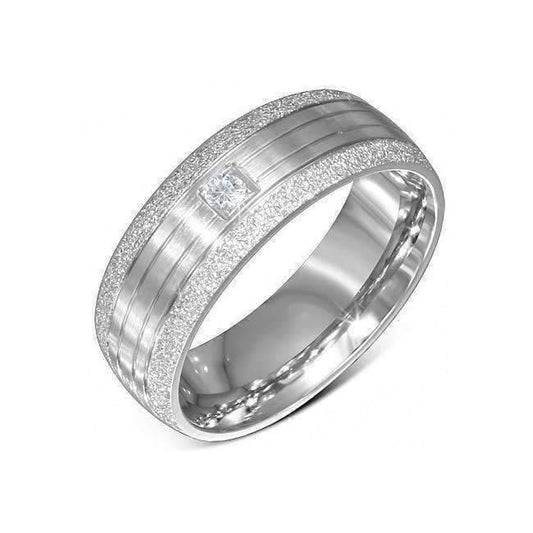 Feshionn IOBI Rings 7 / Stainless Steel Men's Sandblasted Comfort Fit 316 Stainless Steel Simulated Diamond Ring
