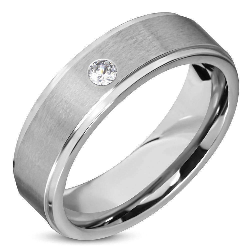 Feshionn IOBI Rings 7 / Stainless Steel Satin Finished Classic Men's 316 Stainless Steel Band Ring with Inset CZ