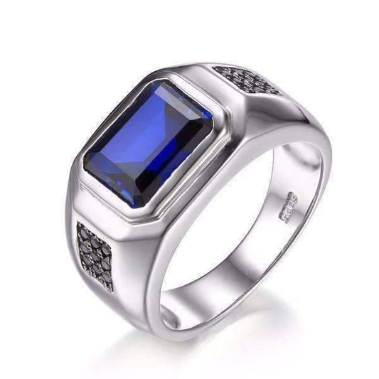 Feshionn IOBI Rings 9 Octavius 4.3CT Emerald Cut Swiss Blue Sapphire IOBI Precious Gems Men's Ring