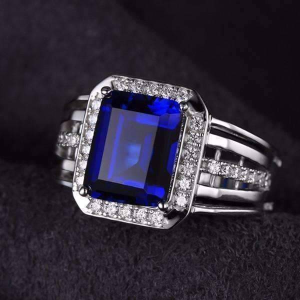 Feshionn IOBI Rings 9 Reginald 4.3CT Emerald Cut Swiss Blue Sapphire IOBI Precious Gems Ring for Women or Men