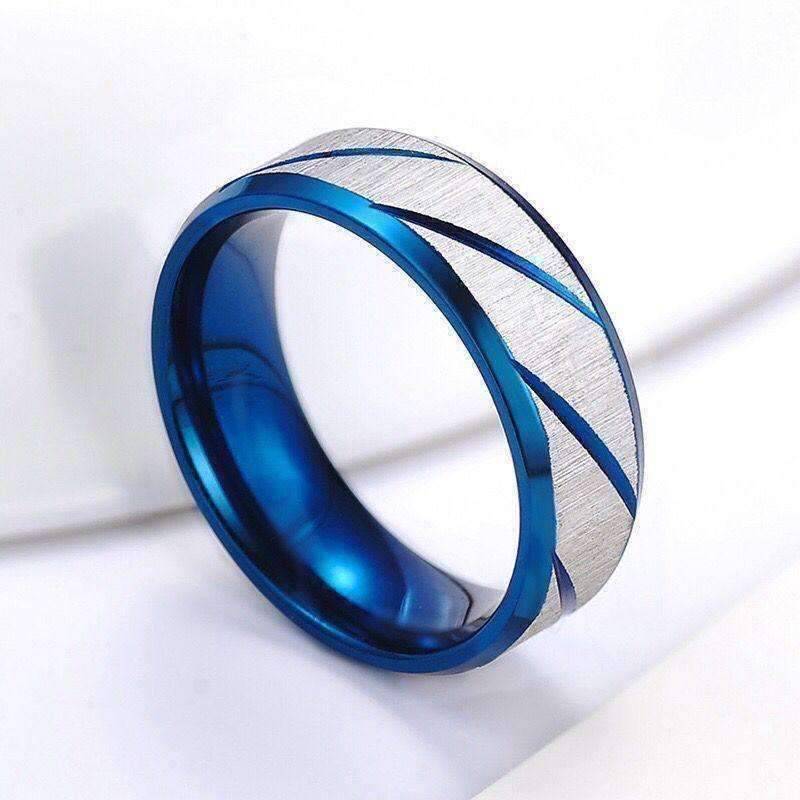 Feshionn IOBI Rings Blue Titanium Etched Men's Wedding Band Ring