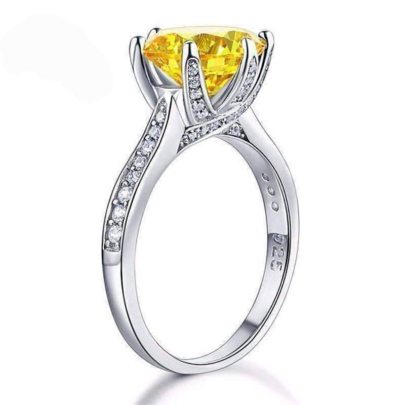Feshionn IOBI Rings Grande Canary 3CT Simulated Yellow Sapphire Triple Pavé Trellis Solitaire Ring