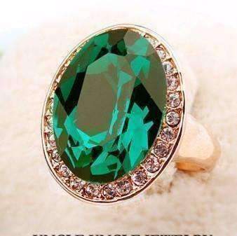 Feshionn IOBI Rings "High Society" Classic Oval Emerald and Diamond Austrian Crystal Halo Cocktail Ring