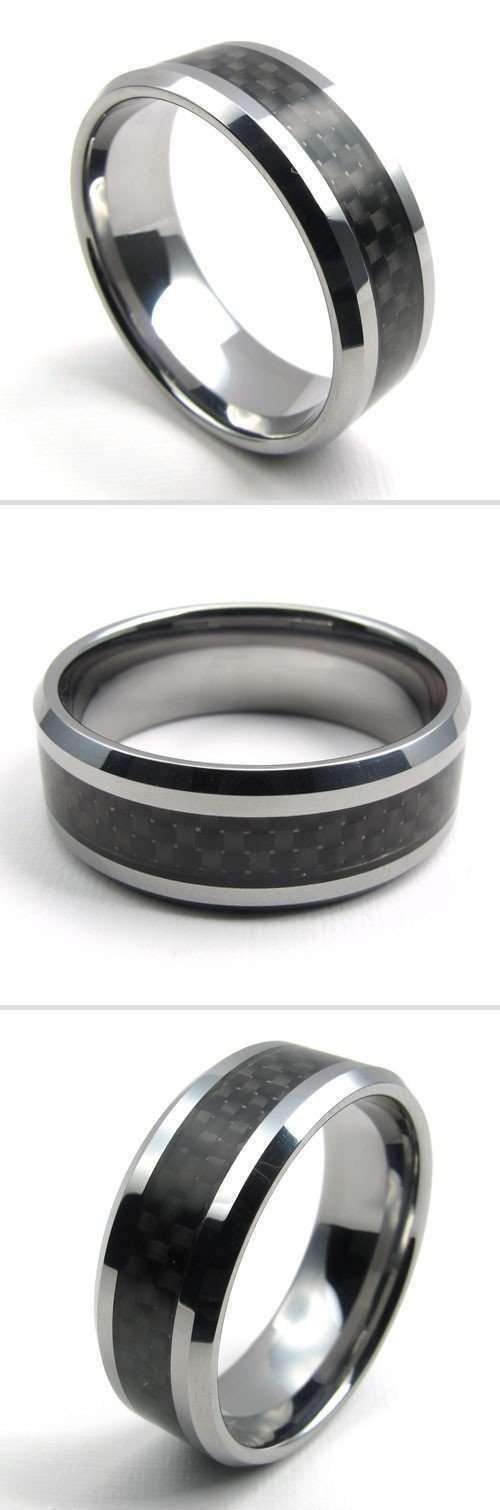 Feshionn IOBI Rings Men's Geometric Carbon Fiber Inlay Polished Tungsten Carbide Ring