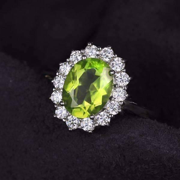 Feshionn IOBI Rings Milan Green Halo Oval Cut 2.5CT Genuine Peridot IOBI Precious Gems Ring