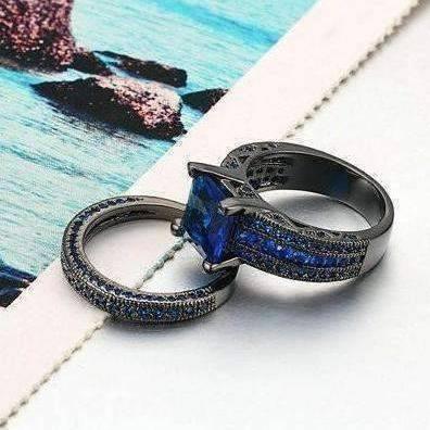 Feshionn IOBI Rings Moonlight Serenade Blue CZ and Black Gold Solitaire Engagement Ring Set
