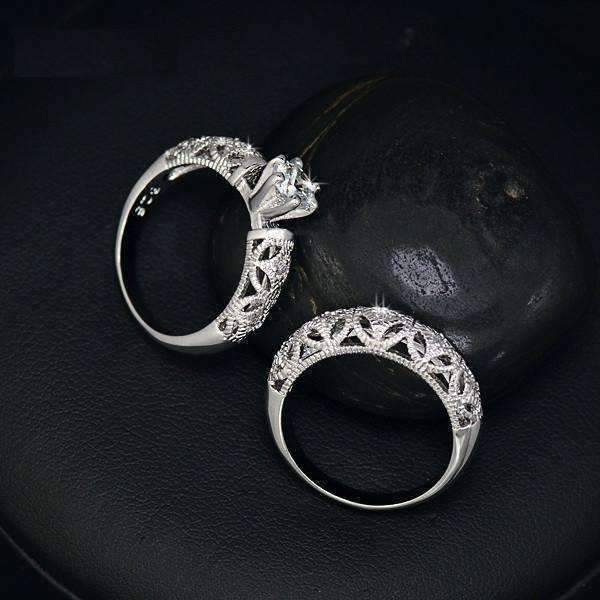 Feshionn IOBI Rings ON SALE - Art Deco Inspired Milgrain Filigree CZ Solitaire Engagement Ring and Band Set - Ring