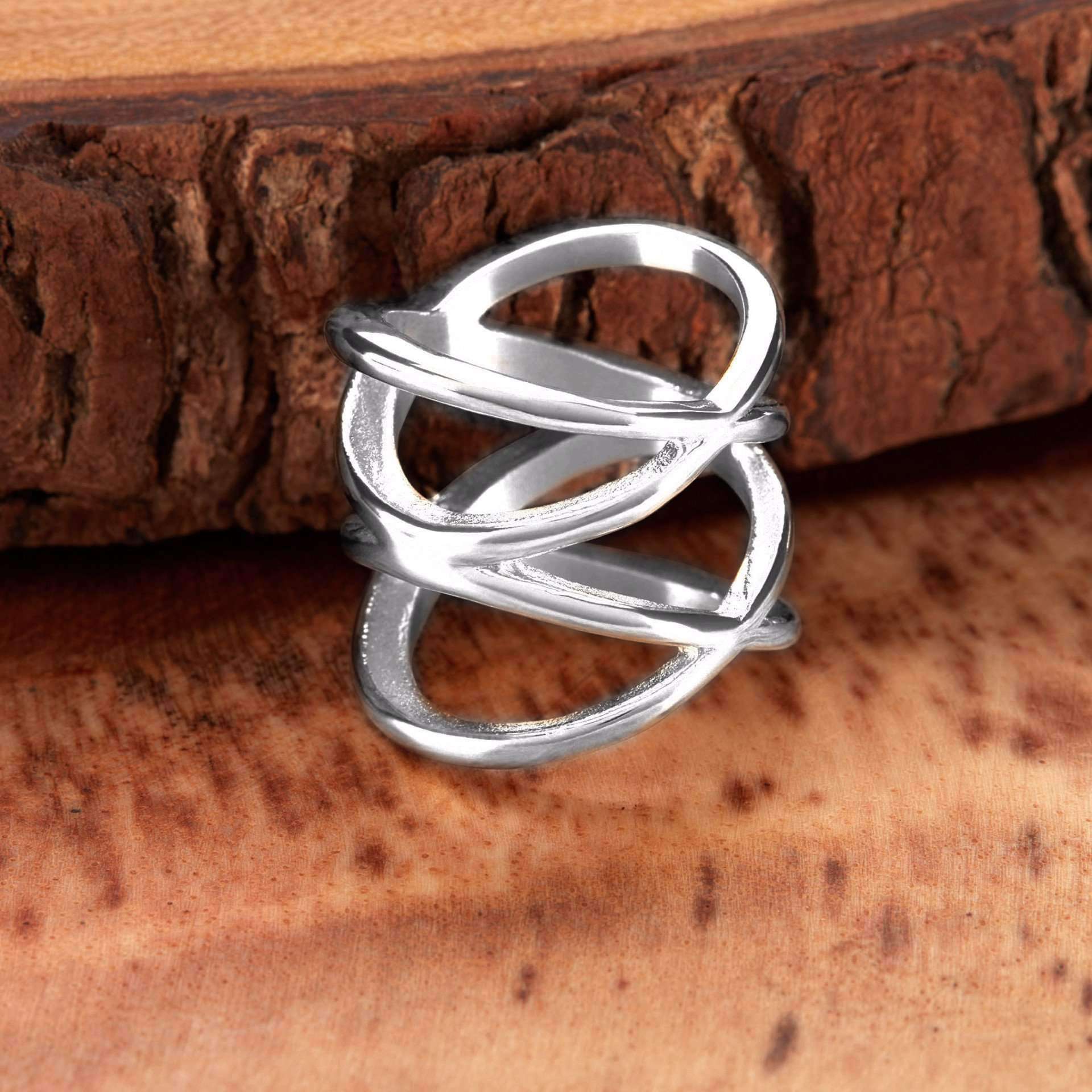 Feshionn IOBI Rings Orbit Stainless Steel Symmetrical Criss-Cross Ring For Men or Women