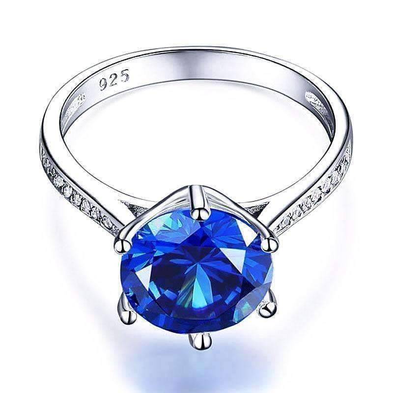 Feshionn IOBI Rings Posh Blue 3CT Simulated Sapphire Triple Pavé Trellis Solitaire Ring