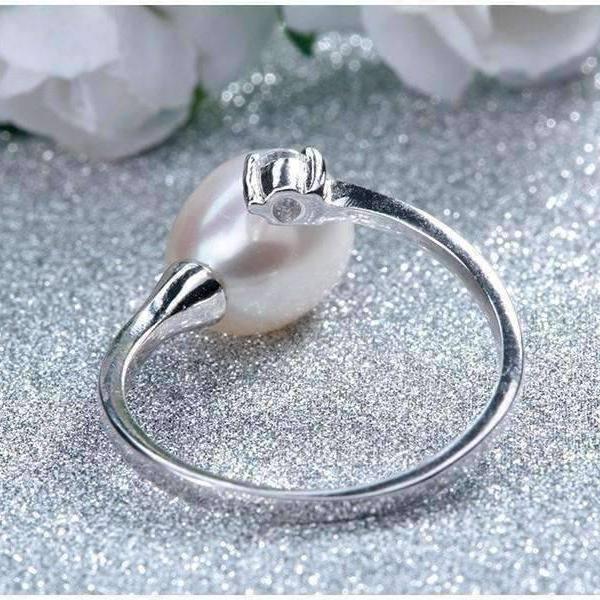Feshionn IOBI Rings Pure White Genuine Freshwater Pearl & CZ Adjustable Bypass Ring