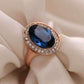 Feshionn IOBI Rings "Rhapsody in Blue" Classic Oval Sapphire Blue and Diamond Austrian Crystal Halo Cocktail Ring