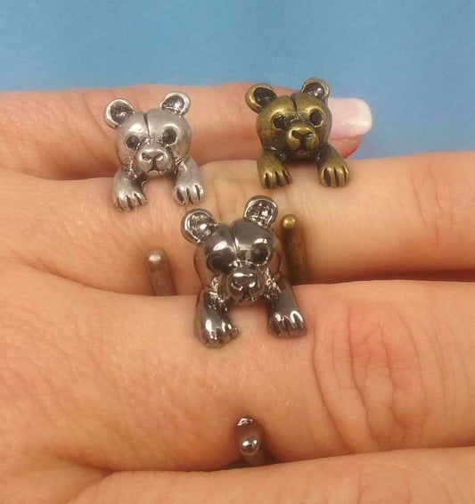 Feshionn IOBI Rings Silver Teddy Bear Adjustable Animal Wrap Ring
