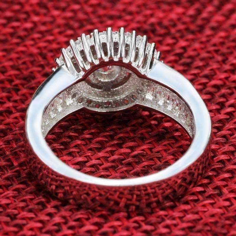 Feshionn IOBI Rings Sunburst Baguette Cubic Zirconia Halo Sterling Silver Cocktail Ring