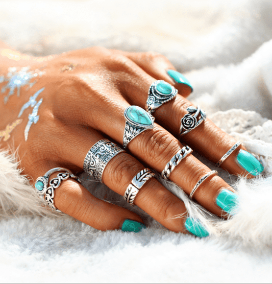 Feshionn IOBI Rings Turquoise on Gold Turquoise Trendy Boho Midi-Knuckle Rings Set of 10 - Silver or Gold