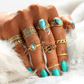 Feshionn IOBI Rings Turquoise on Silver Turquoise Trendy Boho Midi-Knuckle Rings Set of 10 - Silver or Gold
