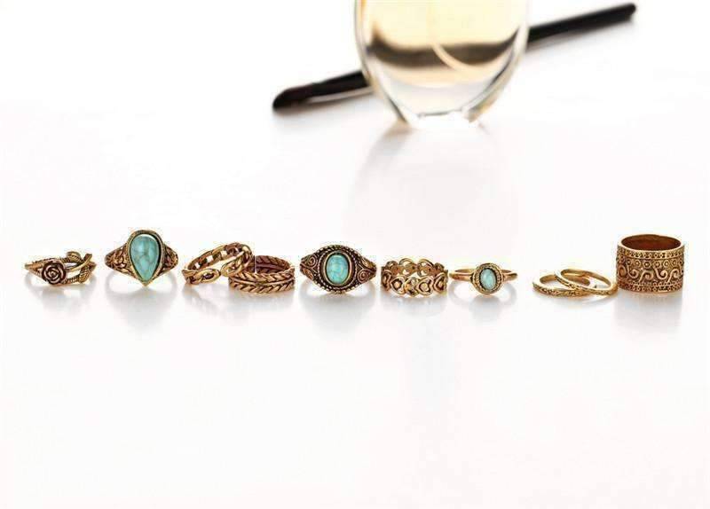 Feshionn IOBI Rings Turquoise Trendy Boho Midi-Knuckle Rings Set of 10 - Silver or Gold