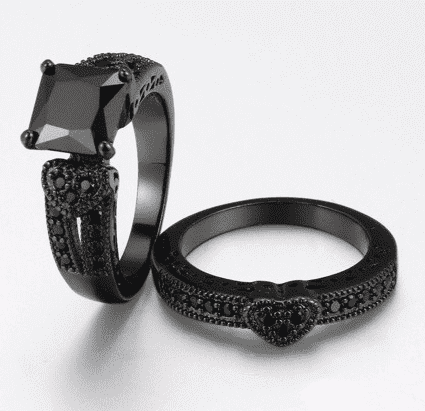 Feshionn IOBI Rings Twilight Hearts Black Gold CZ Solitaire Engagement Ring Set