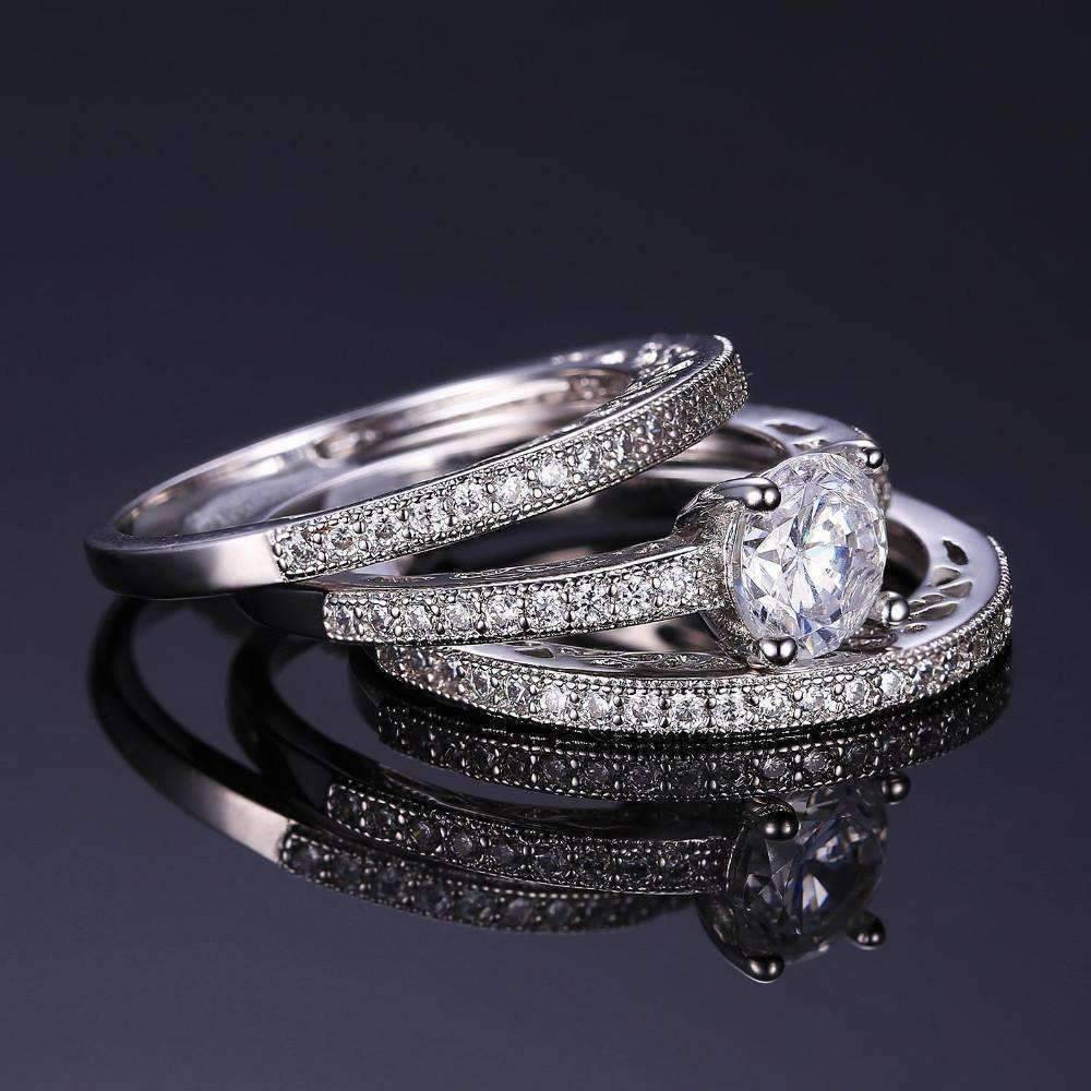 Feshionn IOBI Rings Yesterday, Today and Tomorrow 3 Band Filigree Cubic Zirconia Wedding Ring Set