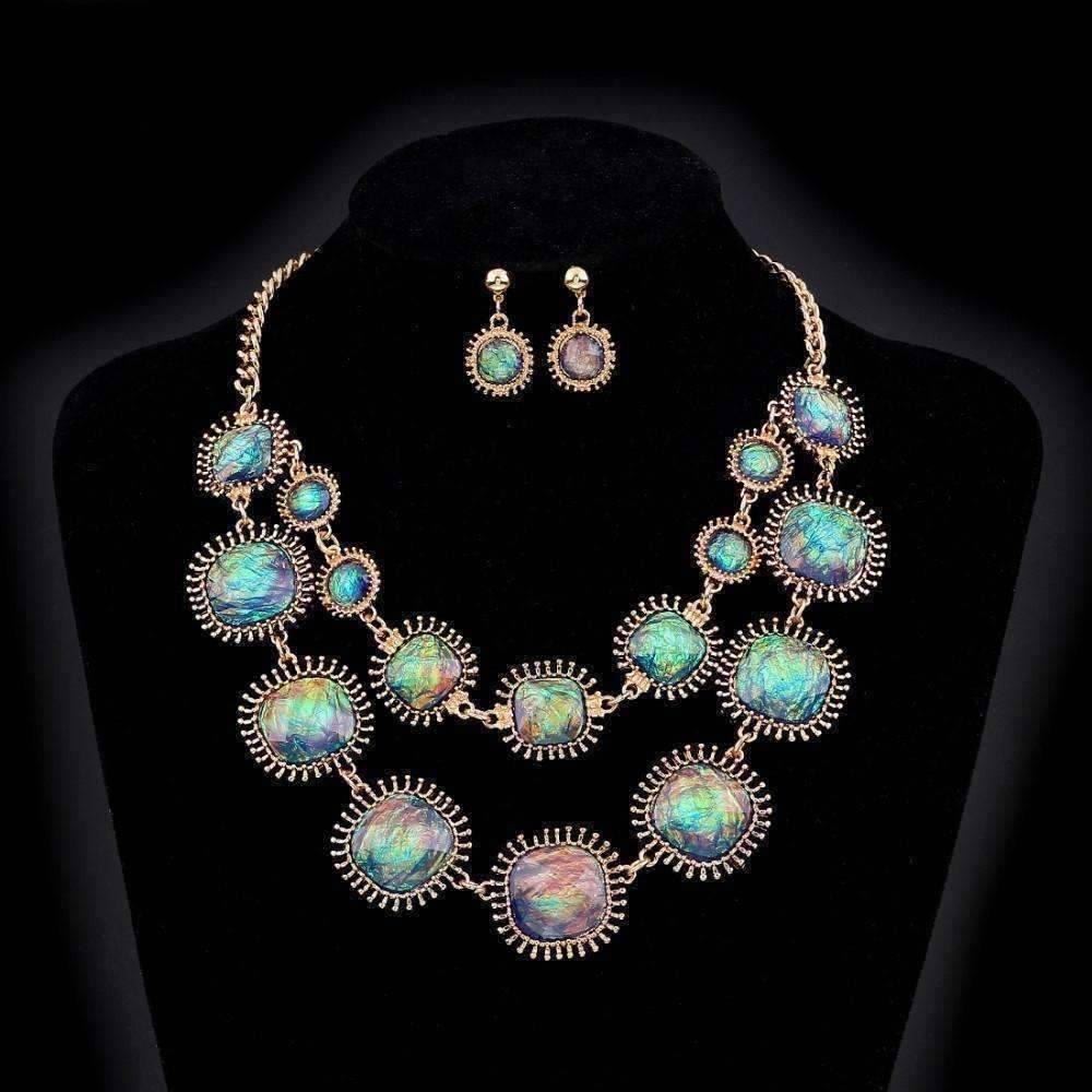 Feshionn IOBI Sets Blue-Pink Exotic Peacock Iridescent Cabochon Layered Necklace and Earring Set