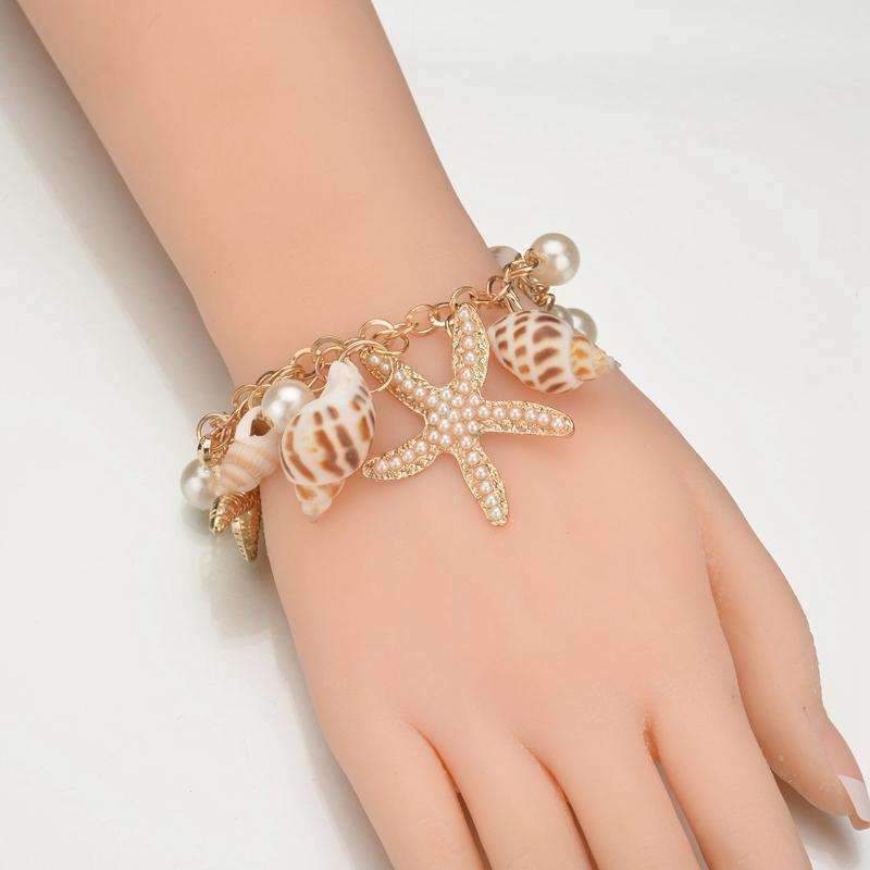 Feshionn IOBI Sets Bracelet Mermaid's Collar Seashell & Starfish Gold Plated Necklace or Bracelet