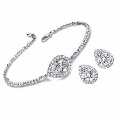 Feshionn IOBI Sets Diamond White Perfect Pear Austrian Crystal Halo 1CT Stud Earrings and Matching 2CT Bracelet