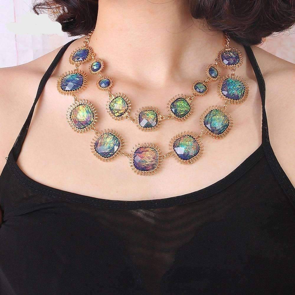 Feshionn IOBI Sets Exotic Peacock Iridescent Cabochon Layered Necklace and Earring Set
