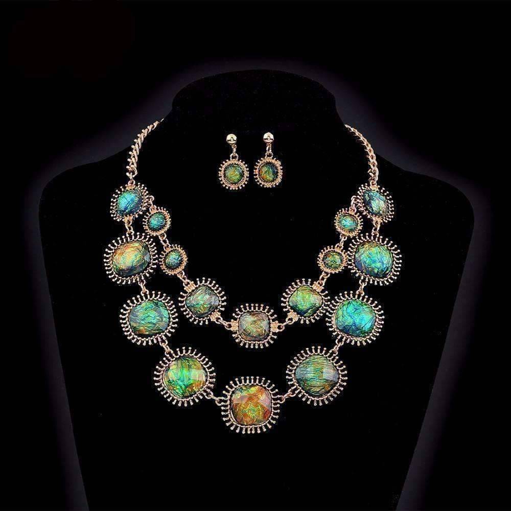 Feshionn IOBI Sets Exotic Peacock Iridescent Cabochon Layered Necklace and Earring Set
