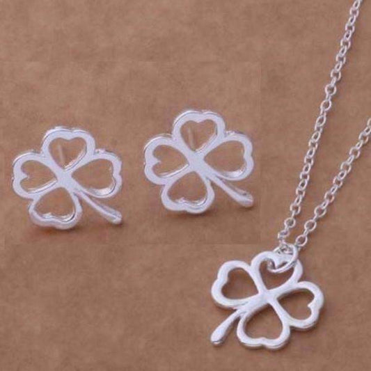 Feshionn IOBI Sets Four Leaf Clover Silhouette Sterling Silver Necklace and Earrings Set