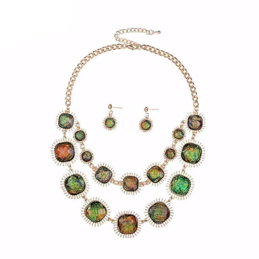 Feshionn IOBI Sets Green-Gold Exotic Peacock Iridescent Cabochon Layered Necklace and Earring Set