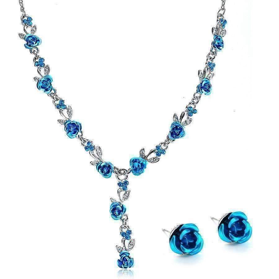 Feshionn IOBI Sets Metallic Blue Reflections of Rose Necklace and Stud Earring Set - Available in Four Colors