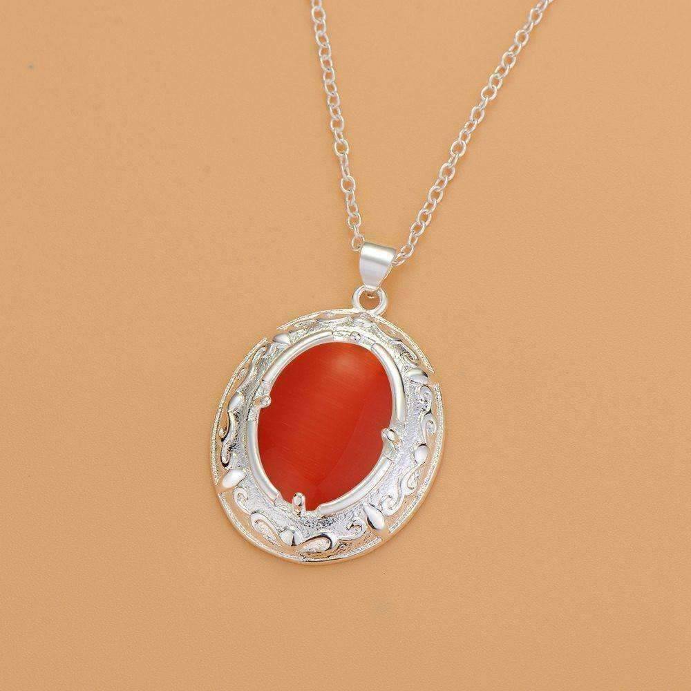 Feshionn IOBI Sets Orange Opalite Cat-Eye Matching Sterling Silver Necklace and Earring Set