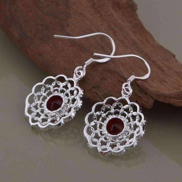 Feshionn IOBI Sets Ruby Red CZ Sterling Silver Filigree Medallion Matching Necklace and Earring Set