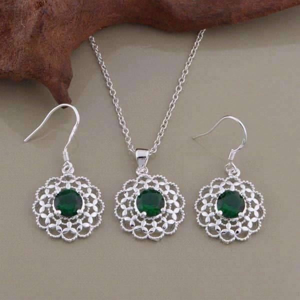Feshionn IOBI Sets Silver Deepest Green CZ Sterling Silver Filigree Medallion Matching Necklace and Earring Set