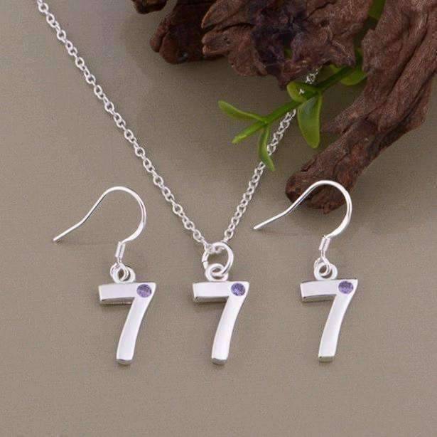 Feshionn IOBI Sets Silver Lucky Number 7 Sterling Silver Matching Necklace and Earring Set