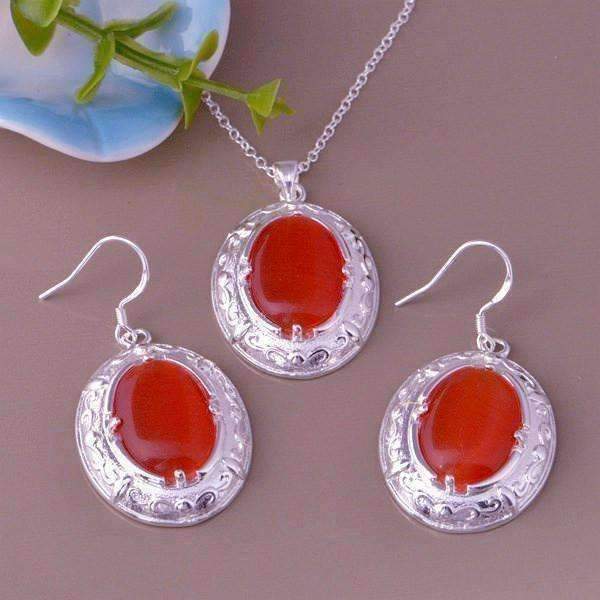 Feshionn IOBI Sets Silver Orange Opalite Cat-Eye Matching Sterling Silver Necklace and Earring Set