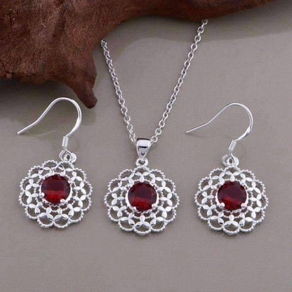 Feshionn IOBI Sets Silver Ruby Red CZ Sterling Silver Filigree Medallion Matching Necklace and Earring Set