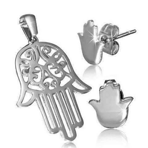 Feshionn IOBI Sets Stainless Steel Stainless Steel Hamsa Hand Necklace and Stud Earring Set