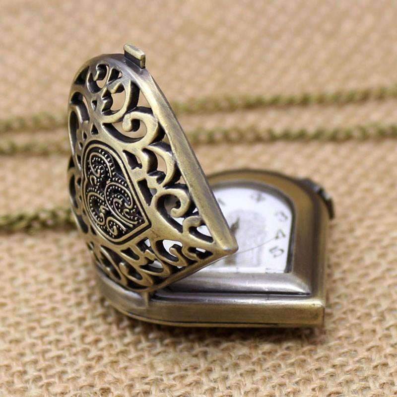Feshionn IOBI Watches Antique Bronze Heart Locket Pocket Watch