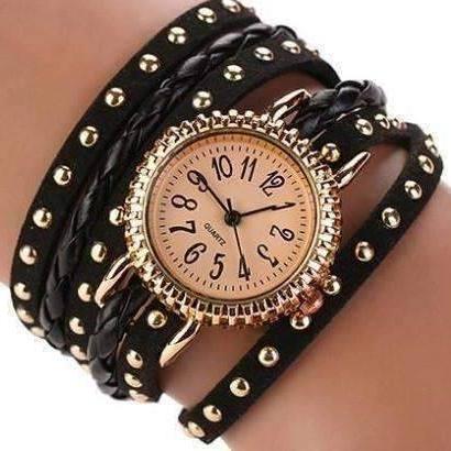 Feshionn IOBI Watches Black Bohemian Leather Wrap Bracelet Watch in Black