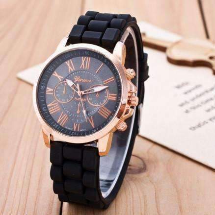 Feshionn IOBI Watches Black Casual Elegance Rose Gold Geneva Watch with Silicone Band ~ 3 Colors to Choose